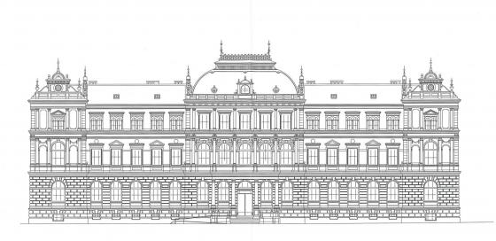 Kresba historické budovy Jihočeského muzea v Českých Budějovicích. 